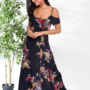 Black & Red Floral Slit Cutout Maxi Dress